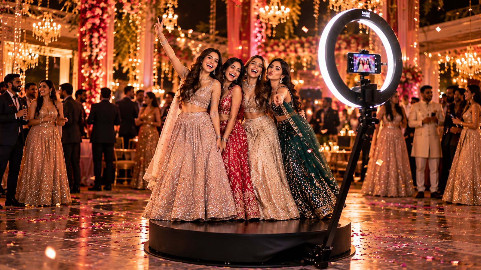 Bridesmaids on the 360 booth platform at a Pune wedding