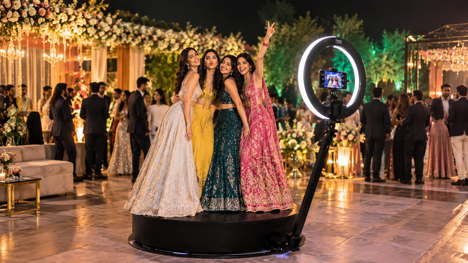 Guests in traditional outfits on the 360 spinning booth